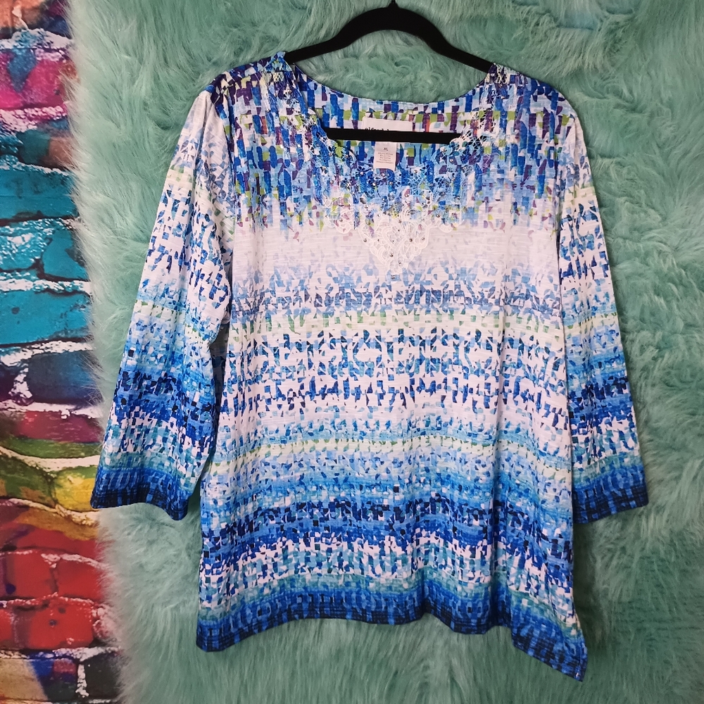 Alfred Dunner Blue White and Green Half Sleeve Top Size XL